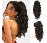 FLUFYMOOZ Ponytail Extension, 18 Inch Claw Clip Ponytail Extension, Wavy Curly Claw Clip in Ponytail Hair Extensions, Natural Fake Ponytail Synthetic Hairpiece for Women (Black Brown)