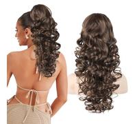 Flufymooz Ponytail Extension, 18 inch Wavy Curly Claw Clip Ponytail Extension Clip on Ponytails Natural Synthetic Hairpiece for Women Daily Wear (Chocolate Brown)