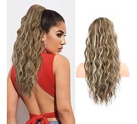 FLUFYMOOZ Ponytail Extension, 22 Inch Drawstring Ponytail Hair Extensions for Women， Long Curly Wavy Ponytail Natural Wavy Synthetic Hairpiece for Women (22 Inch Medium Brown Ash Blonde)