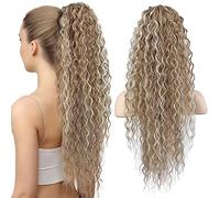 FLUFYMOOZ Ponytail Extension, 26 Inch Bohemian Style Drawstring Ponytail Hair Extensions for Women, Long Curly Wavy Ponytail Synthetic Hairpiece for Women (26 Inch Honey Blonde with Blonde Highlights)
