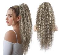 Flufymooz Ponytail Extension, 26 Inch Bohemian Style Drawstring Ponytail Hair Extensions for Women, Long Curly Wavy Pony Tail Natural Synthetic Hairpiece for Women (Ash Brown with Blonde Highlights)