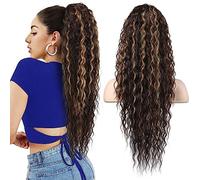 FLUFYMOOZ Ponytail Extension, 26 Inch Bohemian Style Drawstring Ponytail Hair Extensions for Women, Natural Synthetic Hairpiece for Women (26 Inch Chocolate Brown with Blonde Highlights)
