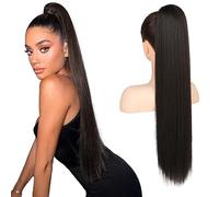 FLUFYMOOZ Ponytail Extension, 26 Inch Long Straight Drawstring Ponytail Hairpieces, Fake Pony Tails, Natural Soft Clip in Hair Extension for Women (Black Brown)