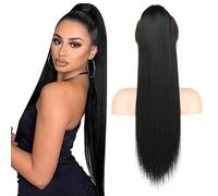 FLUFYMOOZ ponytail extension, 26 Inch Long Straight Drawstring Ponytail Hairpieces Fake Pony Tails Natural Soft Clip in Hair Extension ponytail for Women (Jet Black)