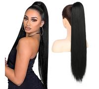 FLUFYMOOZ ponytail extension, 26 Inch Long Straight Drawstring Ponytail Synthetic Hairpieces Fake Pony Tails Natural Soft Clip in Hair Extension ponytail for Women (Natural Black)
