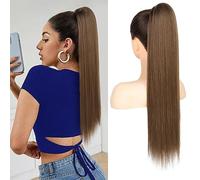 FLUFYMOOZ ponytail extension, 26 Inch Long Straight Drawstring Ponytail Synthetic Hairpieces Fake Pony Tails Natural Soft Clip in Hair Extension ponytail for Women (Medium Brown with Medium Auburn)