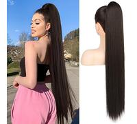 FLUFYMOOZ ponytail extension, 30 Inch Long Straight Drawstring Ponytail Synthetic Hairpieces Fake Pony Tails Natural Soft Clip in Hair Extension ponytail for Women (Black Brown)