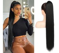 FLUFYMOOZ ponytail extension, 30 Inch Long Straight Drawstring Ponytail Synthetic Hairpieces Fake Pony Tails Natural Soft Clip in Hair Extension ponytail for Women (Natural Black)