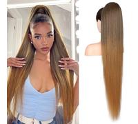 FLUFYMOOZ ponytail extension, 36 Inch Long Straight Drawstring Ponytail Synthetic Hairpieces Fake Pony Tails Natural Soft Clip in Hair Extension ponytail for Women (Chocolate Brown to Light Brown)