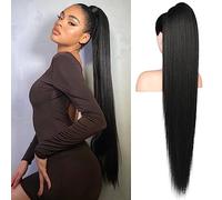 FLUFYMOOZ ponytail extension, 36 Inch Long Straight Drawstring Ponytail Synthetic Hairpieces Fake Pony Tails Natural Soft Clip in Hair Extension ponytail for Women (Natural Black)
