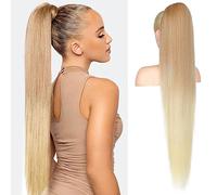 FLUFYMOOZ ponytail extension, 36 Inch Long Straight Drawstring Ponytail Synthetic Hairpieces Fake Pony Tails Natural Soft Clip in Hair Extension ponytail for Women (Dark Blonde to Light Blonde)