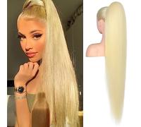 FLUFYMOOZ ponytail extension, 36 Inch Long Straight Drawstring Ponytail Synthetic Hairpieces Fake Pony Tails Natural Soft Clip in Hair Extension ponytail for Women (Blonde)