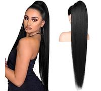 FLUFYMOOZ ponytail extension, 36 Inch Long Straight Drawstring Ponytail Synthetic Hairpieces Fake Pony Tails Natural Soft Clip in Hair Extension ponytail for Women (Jet Black)