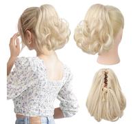 Flufymooz Ponytail Extension, 8 inch Short Claw Ponytail Extension Wavy Curly Jaw Clip in Pony tails Hair Extension Natural Synthetic Hairpiece for Women (Cool Blonde)