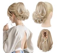 Flufymooz Ponytail Extension, 8 inch Short Claw Ponytail Extension Wavy Curly Jaw Clip in Pony tails Hair Extension Natural Synthetic Hairpiece for Women (Light Blonde with White Blonde Highlight)