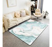 Fluid Marble Area Rug 100x150cm, Ombre Marbling Pattern Rectangular Carpet for Bedroom Living Room, Gradient Stone Printed Kids Adults Non Slip Indoor Floor Mat, Teal White Ripple Decorative Rug