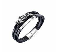 FLUIDABLE Black Layered Braided Premium Leather Bracelet for Men, Magnetic Titanium Steel Clasp, Silver Boat Anchor Design, With Jewellery Box, Great Gift Idea For Husband, Boyfriend(Adam)
