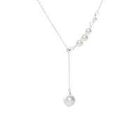 FLUIDABLE Cora White Gold Plated S925 Sterling Silver Real Freshwater Pearls Solitaire Y Pendant Necklace, Pearl June Birthstone Charm Drop Necktie Necklaces, Gift For Women On Anniversary(Silver)