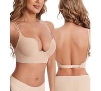 FluidKind Deep U Plunge Neck Backless Underwire Push Up Bra Soft Padded | Convertible Straps, Comfortable Daily Wear, Everyday Bras for Women