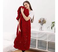 Fluktrix Luxury Chunky Knit Blanket, Chenille Yarn Handmade Knitted Throw Blankets, Warm Soft Thick Yarn Cable Knit Blanket for Bed Living Room Chair Sofa Home Decor,Wine Red,80x80 inch