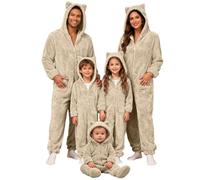 Flully Fleece Family Matching Christmas Onesies with Hooded Pyjama Set Adorable Cat Ear Hooded Full Zipper Romper Winter Infant Baby Jumpsuit Cozy Homewear Sleepwear Loungewear (Dad-Beige-02, L)