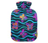 Fluorescent Butterflies Wave Pattern hot Water Bottle with Soft Cover, 2L hotwater Bag for ( Scenario),(Scenario),Bolsa Caliente para Dolores musculares