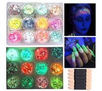 Fluorescent Chunky Glitter Gel Set with Sponge Applicators - Glows Under UV Blacklight for Festival Makeup, Nail Art, and DIY Creative Projects, Self-Adhesive Face and Glitter in Pink, Green, Blue,