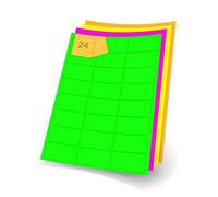 Fluorescent Coloured Rectangle Pink, Orange, Yellow or Green A4 Printer Labels, Inkjet or Laser, 24 per Sheet, 64 x 34mm (Green, 20 Sheets)