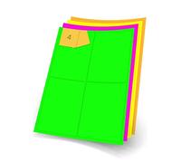 Fluorescent Coloured Rectangle Pink, Orange, Yellow or Green A4 Printer Labels, Inkjet or Laser, 4 per Sheet, 99 x 140mm (Green, 20 Sheets)