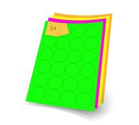 Fluorescent Coloured Round Pink, Orange, Yellow or Green A4 Printer Labels, Inkjet or Laser, 24 per Sheet, 45mm Diameter (Green, 20 Sheets)