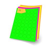 Fluorescent Coloured Round Pink, Orange, Yellow or Green A4 Printer Labels, Inkjet or Laser, 48 per Sheet, 30mm Diameter (Orange, 20 Sheets)