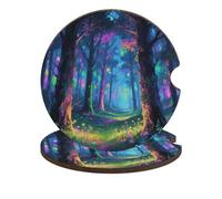 Fluorescent Forest Car Cup Holder Coasters 2-Pack Absorbent Wood & Cork Coasters for Car Cup Holders, Festive Car Accessories for Women & Men