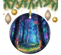 Fluorescent Forest Ceramic Christmas Ornaments with Gold String - Round Double Sided Porcelain Tree Decorations for Fireplace, Mantel, Wreath Holiday Party Decor (2.8 Inch)