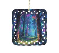 Fluorescent Forest Christmas Tree Ornaments Xmas Double Sided Porcelain Square Pendant with Gold String for Fireplace, Mantel, Wreath Holiday Party Decor (3 Inch)