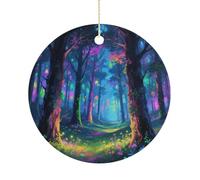 Fluorescent Forest Double-Sided Ceramic Christmas Ornaments - Round Hanging Mini Xmas Tree Decorations, Ideas for Farmers, Rustic Home Decor for Indoor Outdoor Tree Decor