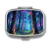 Fluorescent Forest Pill Box Travel Pill Organizer 2 Compartment Weekly Pill Case with Mirror A Day Medicine Container Medicine Organizer for Purse, Pocket, Or Wallet