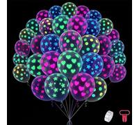 Fluorescent Glow-in-the-Dark Balloons 100 Pack with Polka Dots - Multi-Design Party Balloons Decoration Set for Birthday Decorations Featuring Stars and Hearts, Includes Garland and Ribbon