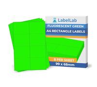 Fluorescent Green A4 Rectangle Labels - Bright Coloured Printable Sheet Labels for Inkjet & Laser Printers, Permanent Adhesive - 8 Per Sheet (99 × 68 mm), 25 Sheets - LabelLab