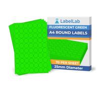 Fluorescent Green A4 Round Labels - Bright Coloured Printable Circle Sheet Labels for Inkjet & Laser Printers, Permanent Adhesive - 25mm Diameter, 500 Sheets - LabelLab