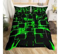Fluorescent Green And Black Kids Duvet Cover, Modern Geometric Square Bedding Sets For Boys Girls Gradient Neon Light Honeycomb Bed Cover Single 2 Pieces