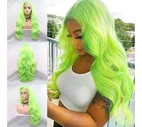 Fluorescent Green Lace Front Wigs for Women Neon Green Long Body Wave Synthetic Lace Front Wigs Pre Plucked Natural Hairline Real Hair Wig Glueless Heat Resistant Fiber Hair Drag Queen 24 Inch