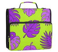 Fluorescent Green Leaf Purple Fashion 3 Rings Zippered Binder Bag with Handle Includes Zip Pocket Documents Files Storage Bag for Office School Clip de cremallera resistente
