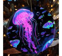 Fluorescent Jellyfish Ceramic Christmas Ornaments - 2 Pcs Rustic Round Xma Tree Decor with Hanging String, Personalized Vintage Double-Sided Holiday Party Decorations for Xmas Gifts