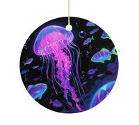 Fluorescent Jellyfish Double-Sided Ceramic Christmas Ornaments - Round Hanging Mini Xmas Tree Decorations, Ideas for Farmers, Rustic Home Decor for Indoor Outdoor Tree Decor