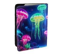 Fluorescent Jellyfish Printed Passport Holder,Travel Pu Leather Passport Cover Case Organiser for Men Women,6.5 Inch