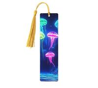 Fluorescent Jellyfish Unique Double-Sided Artwork Printed Wooden Bookmarks, Artistic Book Accessories Birthday Presents for Men Women Presents for Book Lovers