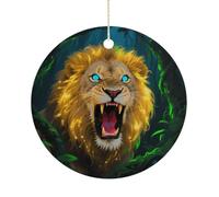 Fluorescent Lion Double-Sided Ceramic Christmas Ornaments - Round Hanging Mini Xmas Tree Decorations, Ideas for Farmers, Rustic Home Decor for Indoor Outdoor Tree Decor