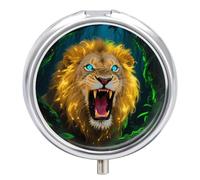 Fluorescent Lion Pill Box - 3 Compartment Travel Pill Organizer with Small Mirror, Portable Pillcase for Pocket & Purse, Cute Round Medicine Case, Weekly Medicine Container