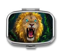Fluorescent Lion Pill Box with 2 Compartments, Portable Pill Organizer for Pocket or Purse, Decorative Metal Medicine and Vitamins Organizer