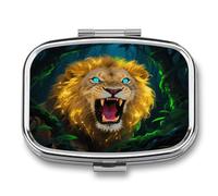 Fluorescent Lion Square Pill Case Travel Pill Organizer Portable Small Pill Box 2 Compartments Metal Medicine Box Sealed Pill Container Vitamins Medicine Organizer